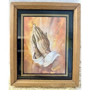 Vintage Praying Hands Foil Art in Wood Frame 8x10 Religious Christian Decor